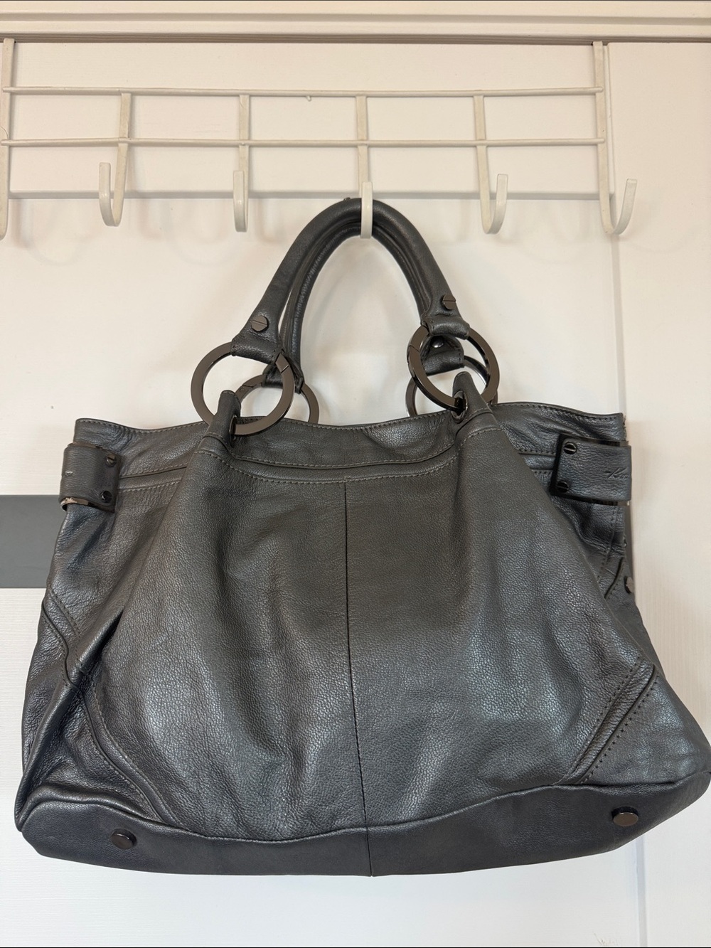Kenneth Cole Grey/Silver Leather Shoulder Tote with Ring Hardware